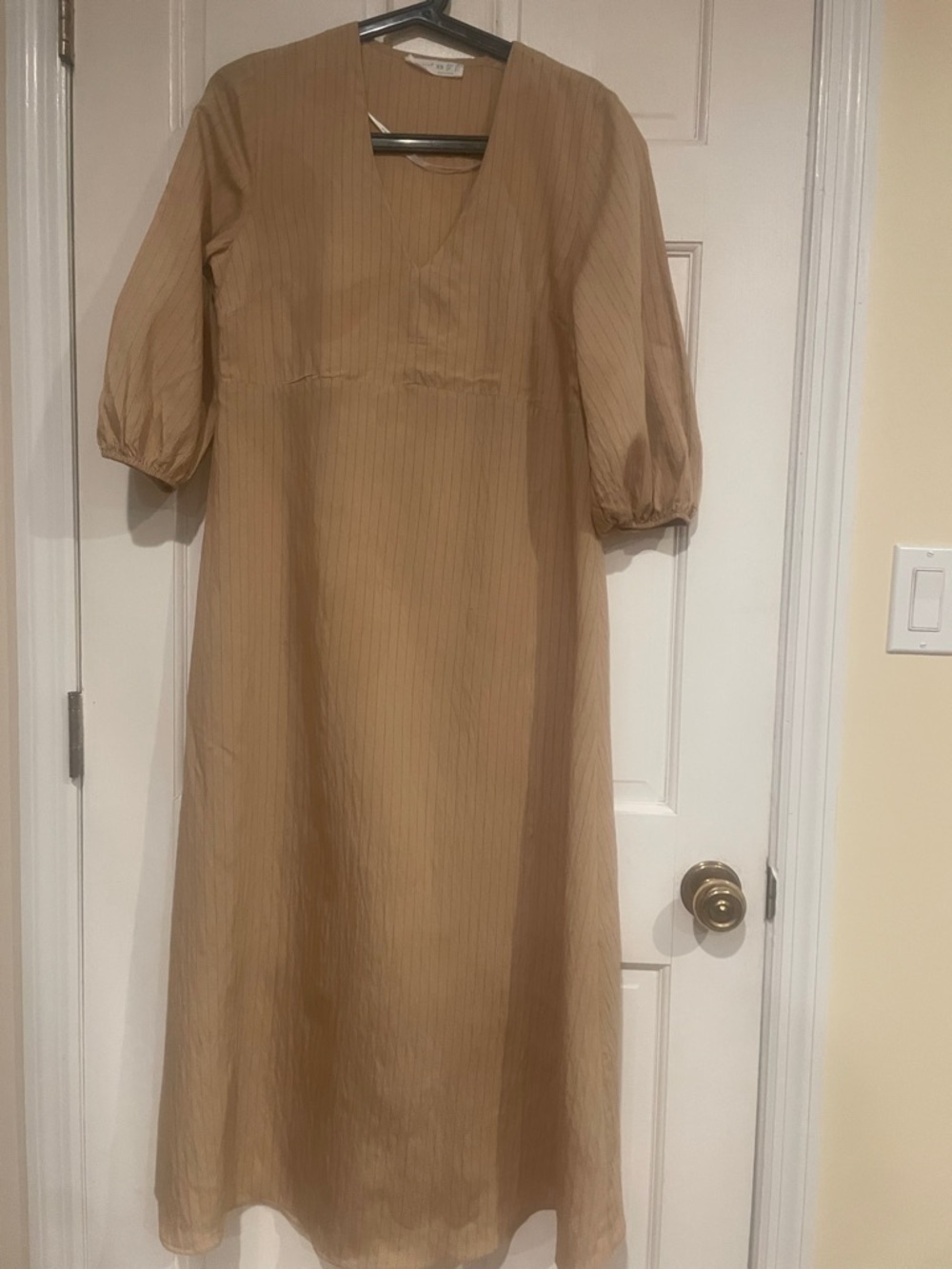 Primark Tan Midi Dress with V-Neck and Puff Sleeves